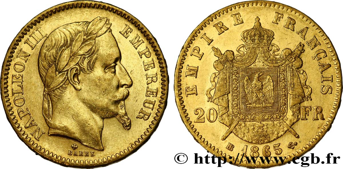 20 francs or Napoléon III, tête laurée 1865 Strasbourg F.532/12 AU50 