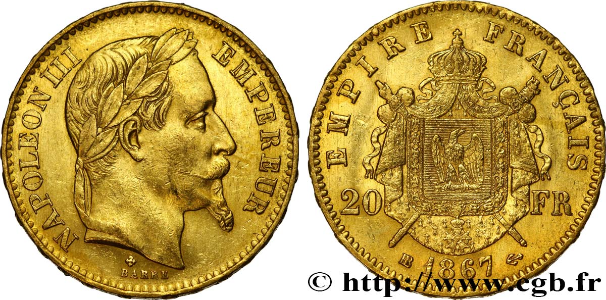 20 francs or Napoléon III, tête laurée 1867 Strasbourg F.532/16 AU52 