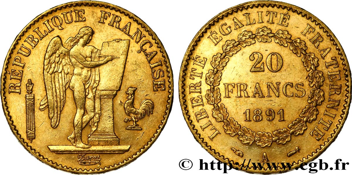 20 francs or Génie, IIIe République 1891 Paris F.533/15 TTB50 