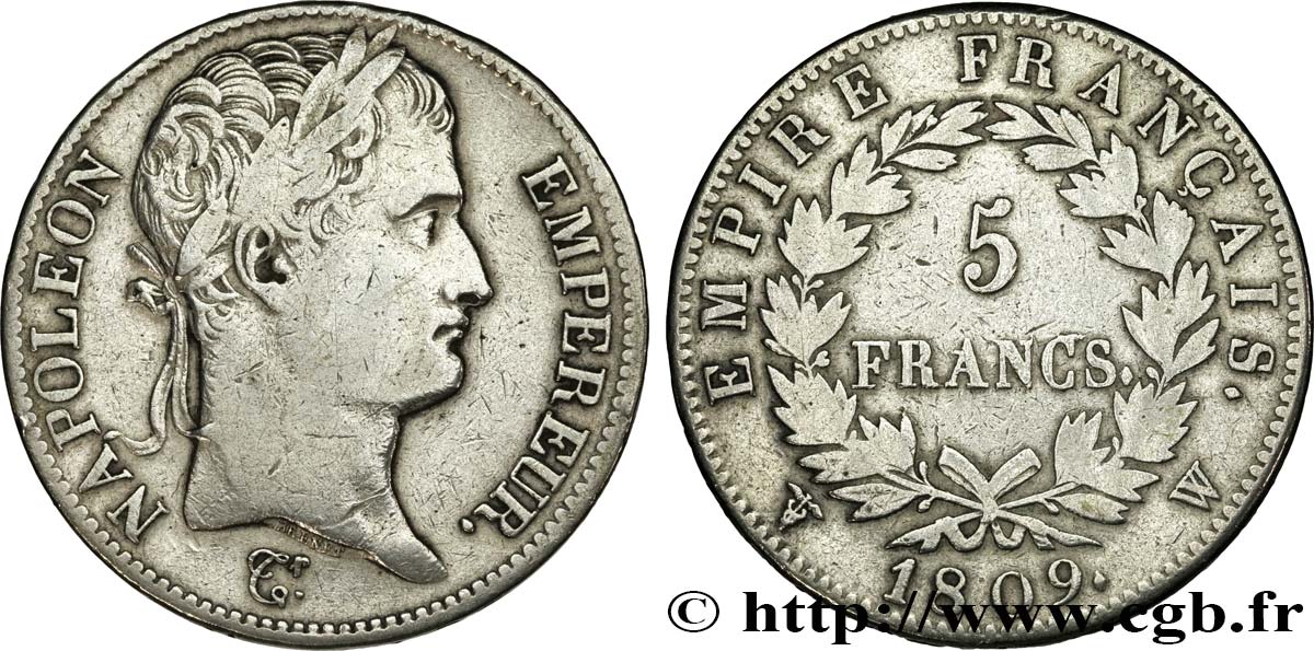 5 francs Napoléon Empereur, Empire français 1809 Lille F.307/13 TB 