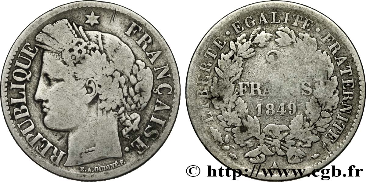 2 francs Cérès, IIe République 1849 Paris F.261/1 TB 