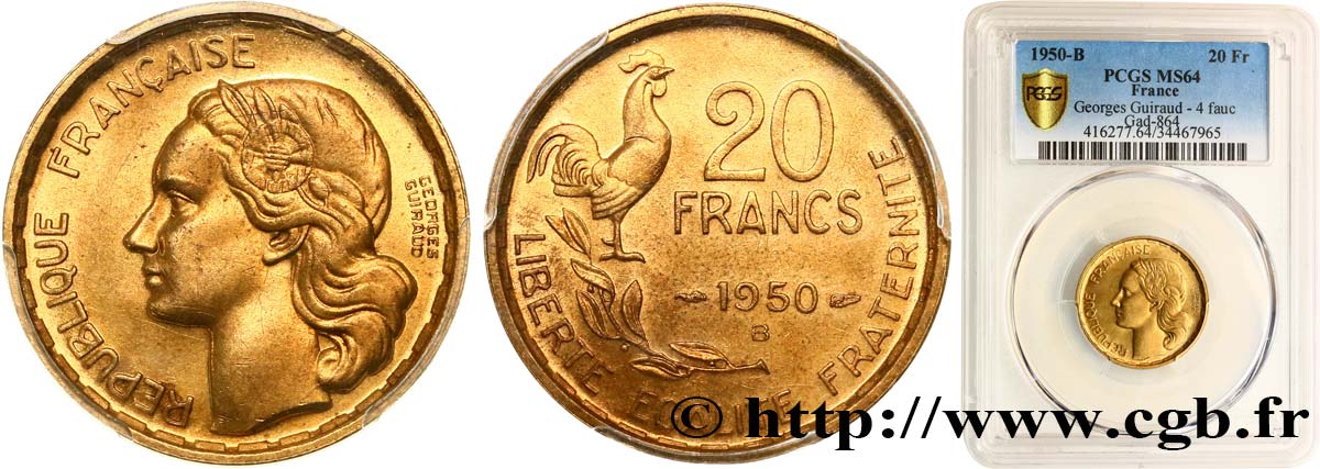 20 francs Georges Guiraud, 4 faucilles 1950 Beaumont-Le-Roger F.401/3 SPL64 PCGS