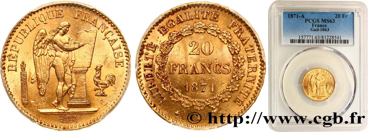 20 francs or Génie, IIIe République 1871 Paris F.533/1 MS63 PCGS