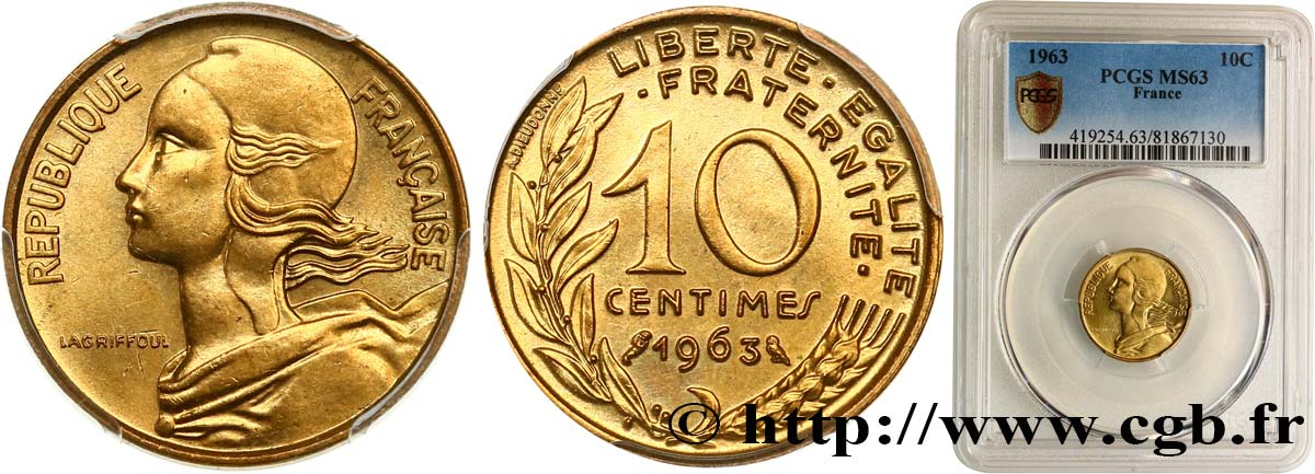 10 centimes Marianne 1963 Paris F.144/3 SPL63 PCGS