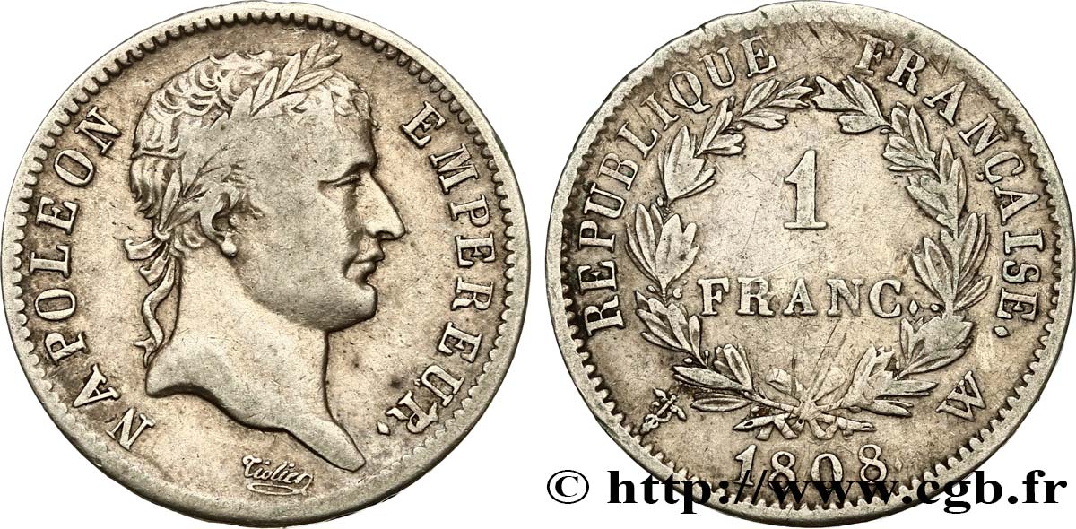 1 franc Napoléon Ier tête laurée, République française 1808 Lille F.204/15 VF35 