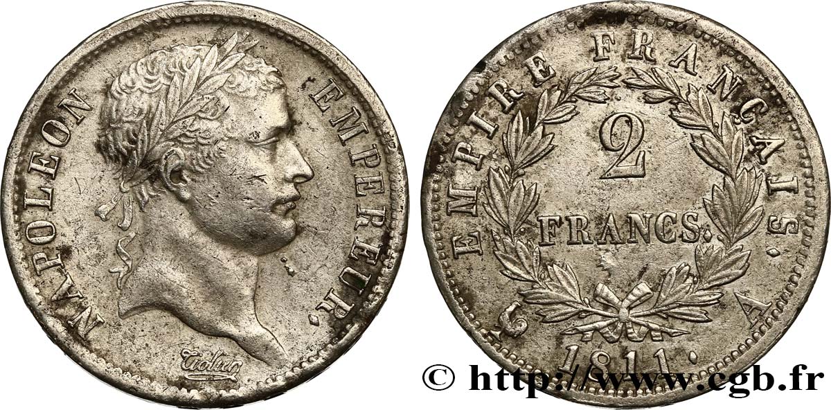 2 francs Napoléon Ier tête laurée, Empire français 1811 Paris F.255/24 SS48 