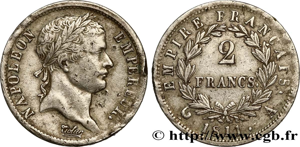 2 francs Napoléon Ier tête laurée, Empire français 1811 Paris F.255/24 BB 