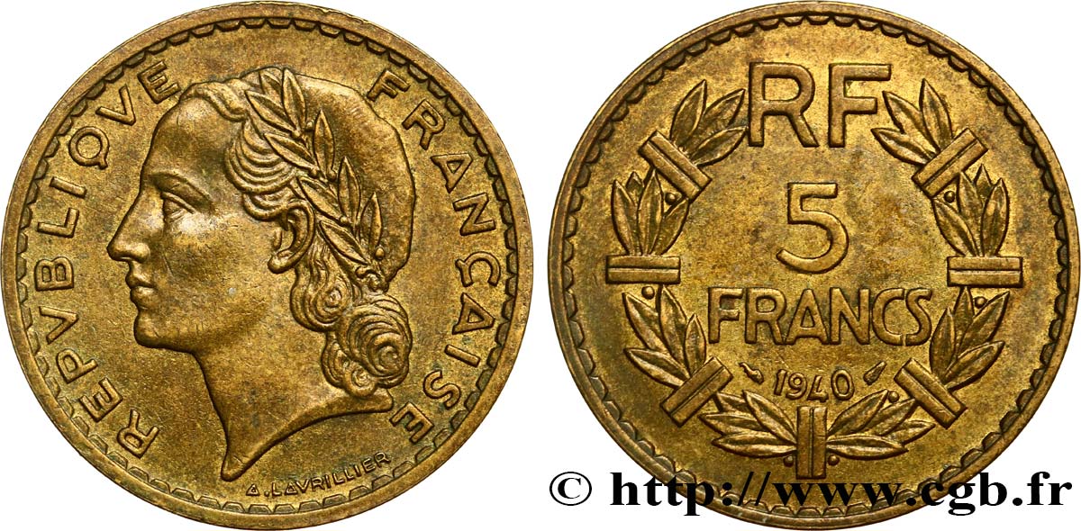 5 francs Lavrillier, bronze-aluminium 1940  F.337/4 AU52 