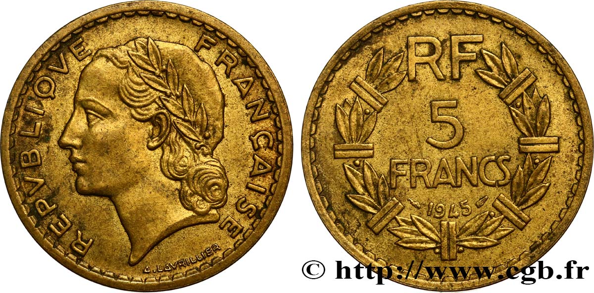 5 francs Lavrillier, bronze-aluminium 1945  F.337/5 MBC50 