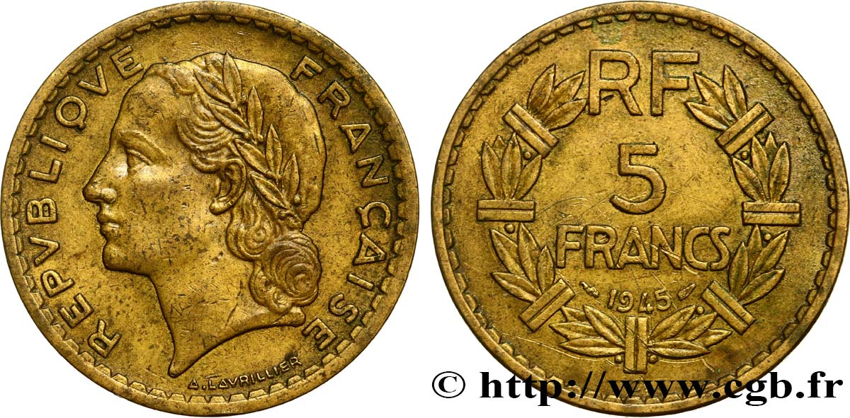 5 francs Lavrillier, bronze-aluminium 1945 Castelsarrasin F.337/6 MBC 