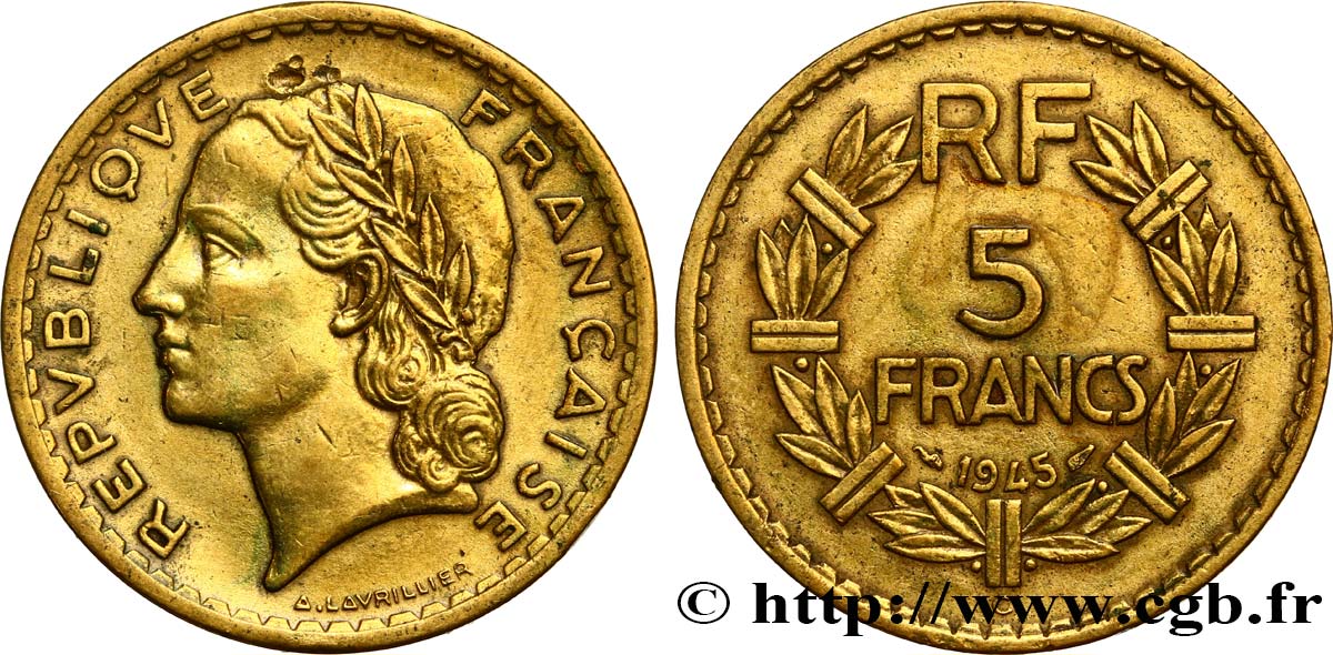 5 francs Lavrillier, bronze-aluminium 1945 Castelsarrasin F.337/6 MBC 