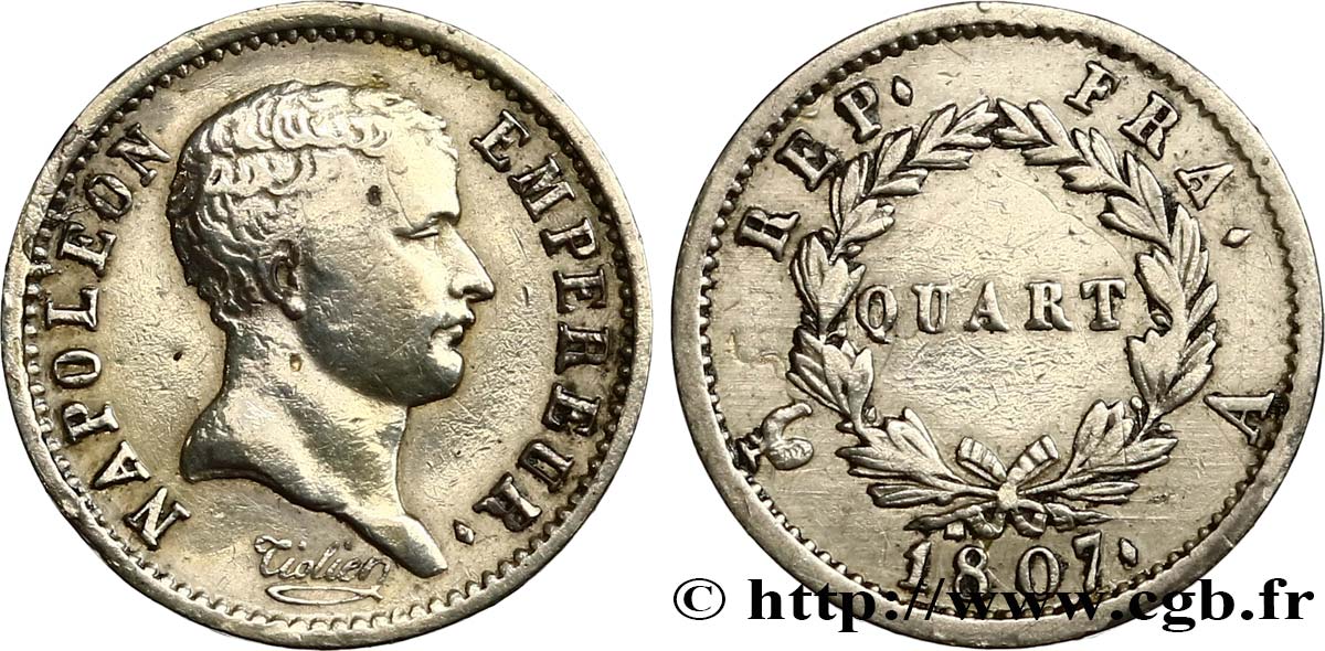 Quart (de franc) Napoléon Empereur, tête de nègre, Fautée , Coins tournés à 4h30 1807 Paris F.160/1 S 