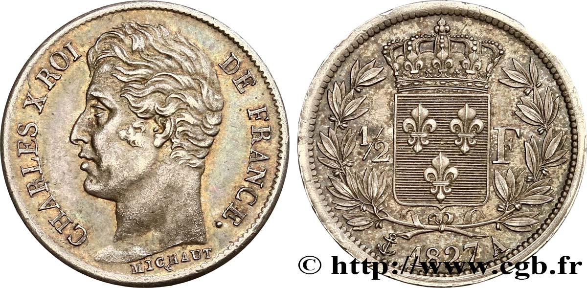 1/2 franc Charles X 1827 Paris F.180/13 MS60 