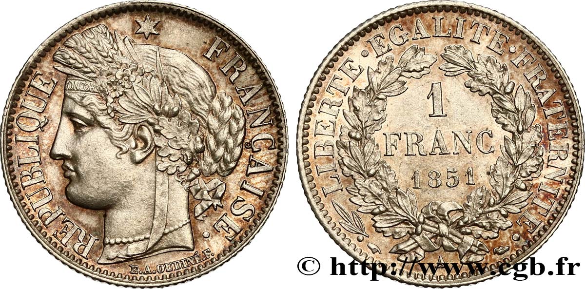 1 franc Cérès, IIe République 1851 Paris F.211/9 EBC60 