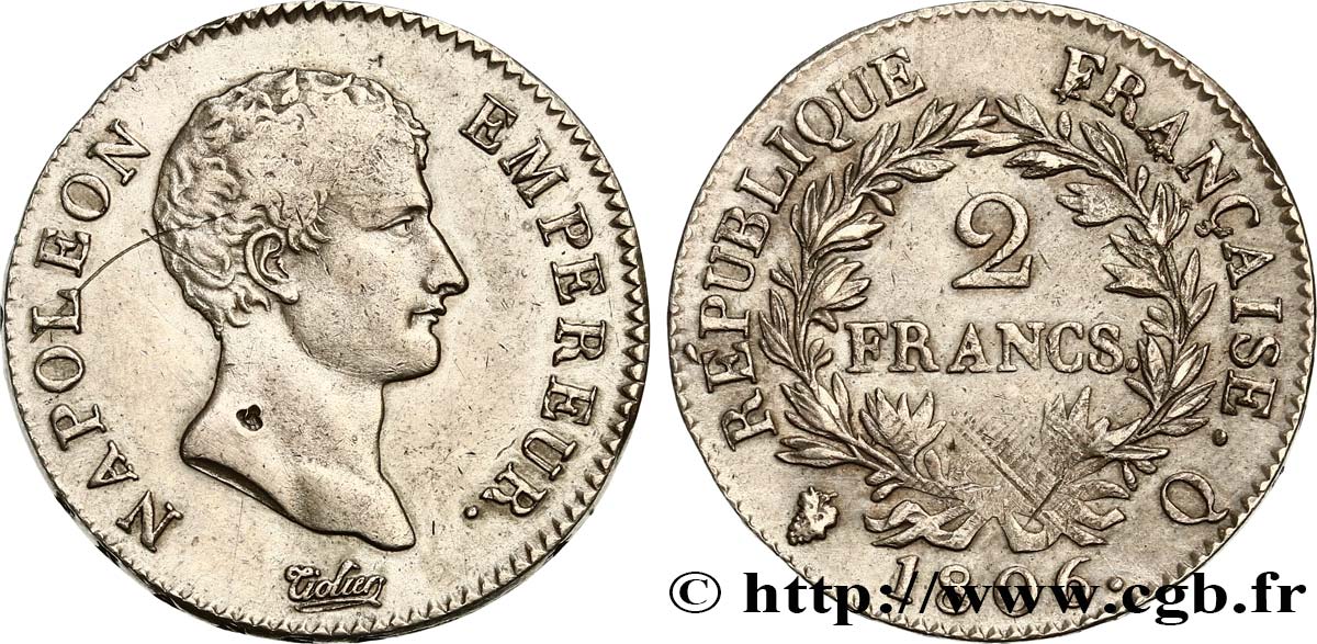 2 francs Napoléon Empereur, Calendrier grégorien 1806 Perpignan F.252/7 BC+ 