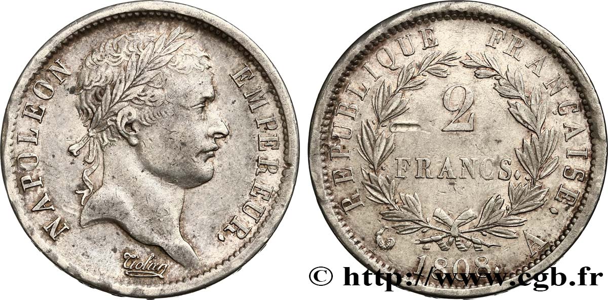 2 francs Napoléon Ier tête laurée, République française 1808 Paris F.254/4 SS45 