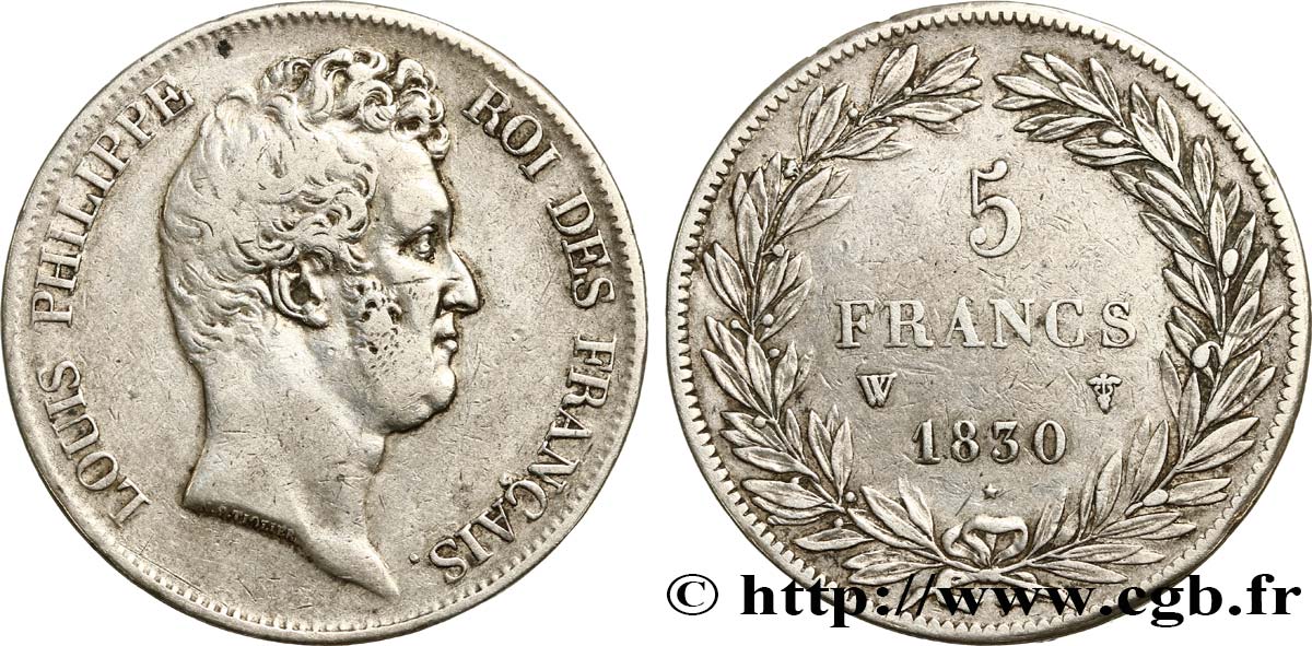 5 francs type Tiolier sans le I, tranche en creux 1830 Lille F.313/4 MB 