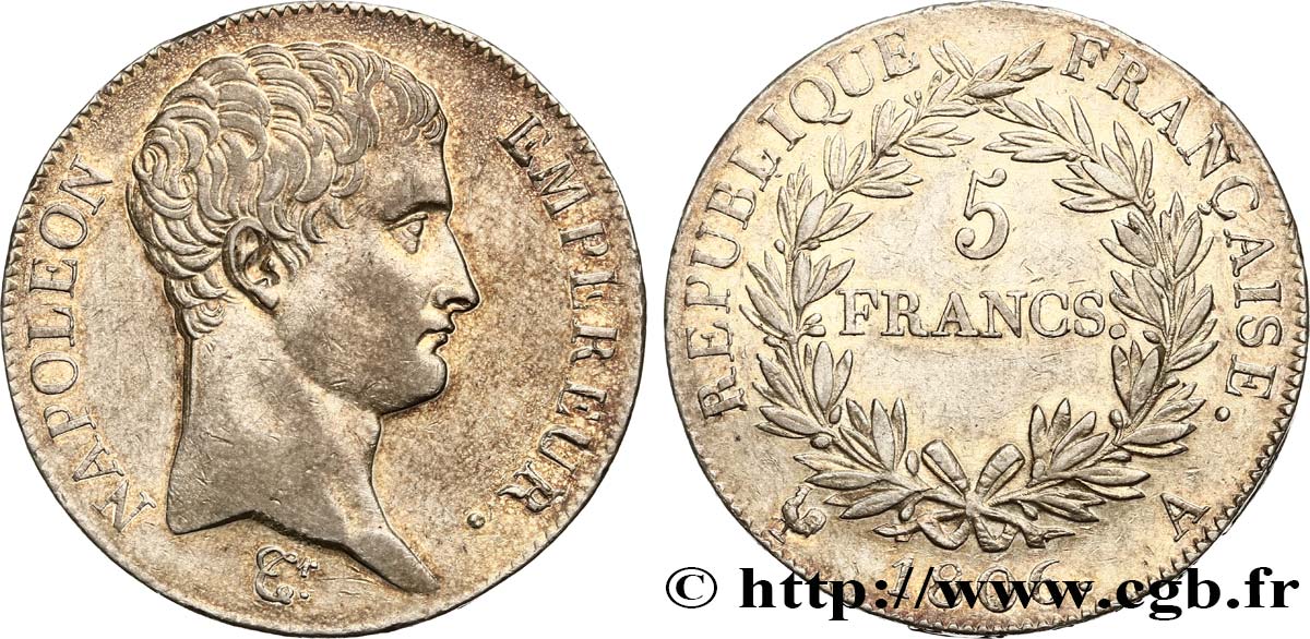 5 francs Napoléon Empereur, Calendrier grégorien 1806 Paris F.304/1 AU52 