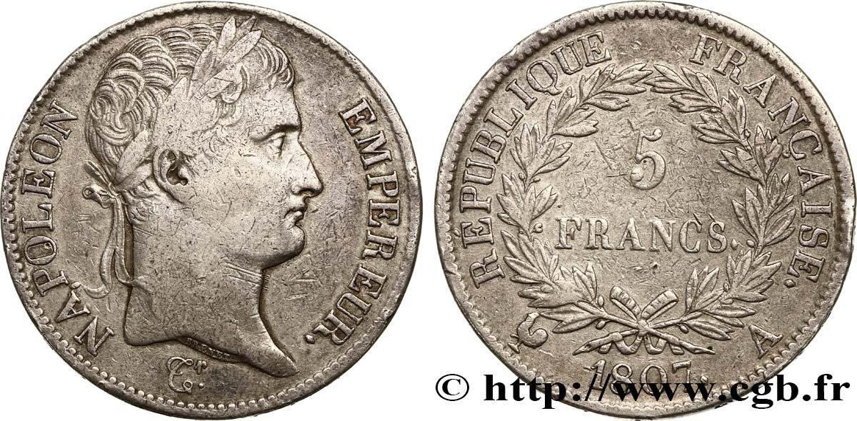 5 francs Napoléon Empereur, République française 1807 Paris F.306/1 TB35 