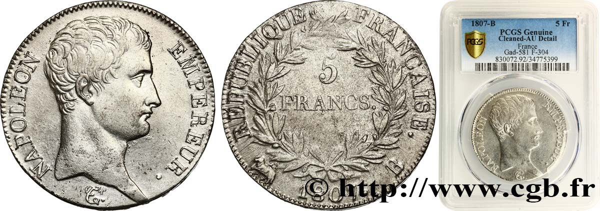 5 francs Napoléon Empereur, Calendrier grégorien 1807 Rouen F.304/12 AU PCGS