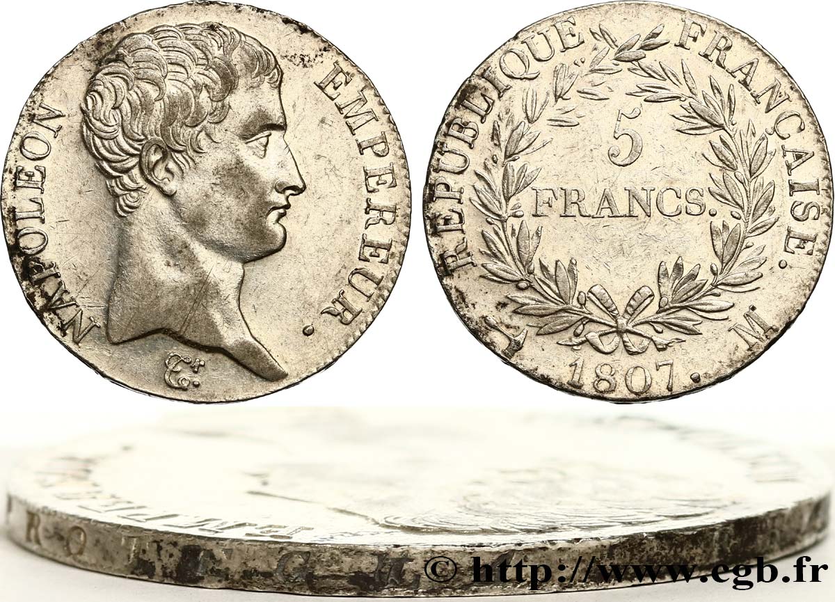 5 francs Napoléon Empereur, Calendrier grégorien, Tranche Fautée 1807 Toulouse F.304/19 TTB50 