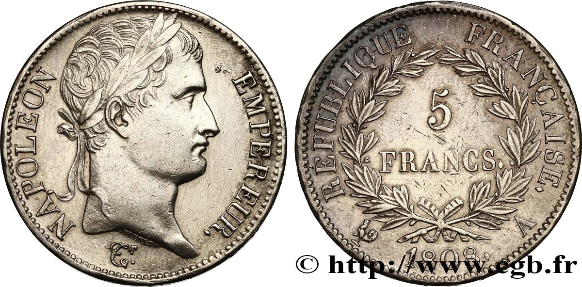 5 francs Napoléon Empereur, République française 1808 Paris F.306/2 MBC+ 