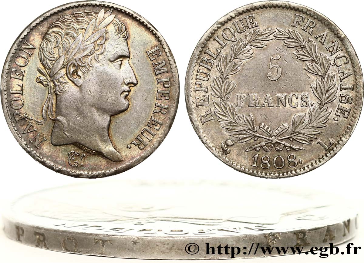 5 francs Napoléon Empereur, République française, Tranche Fautée 1808 Bayonne F.306/9 BB52 