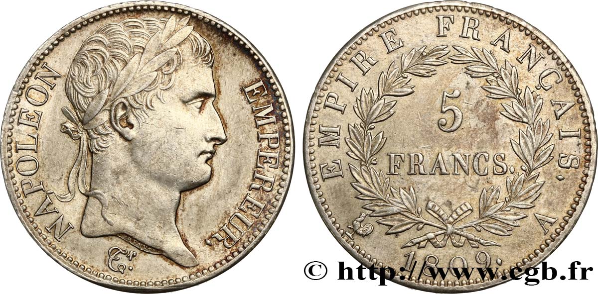 5 francs Napoléon Empereur, Empire français 1809 Paris F.307/1 AU58 