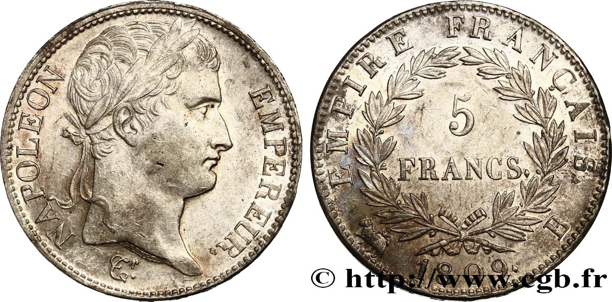 5 francs Napoléon Empereur, Empire français 1809 Rouen F.307/2 AU58 