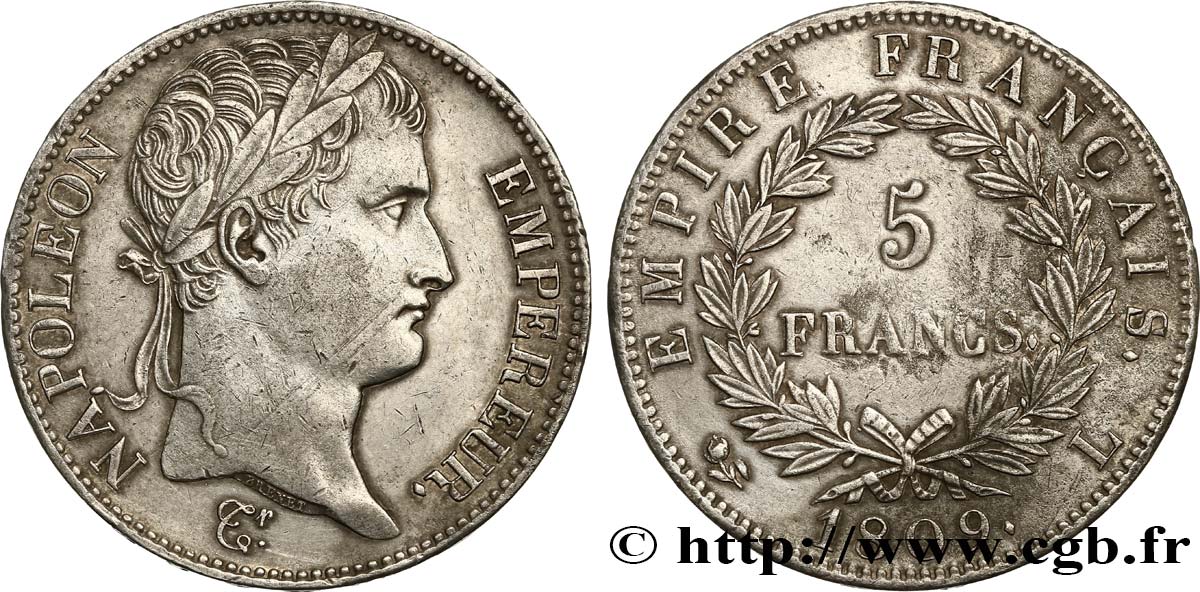 5 francs Napoléon Empereur, Empire français 1809 Bayonne F.307/8 AU50 