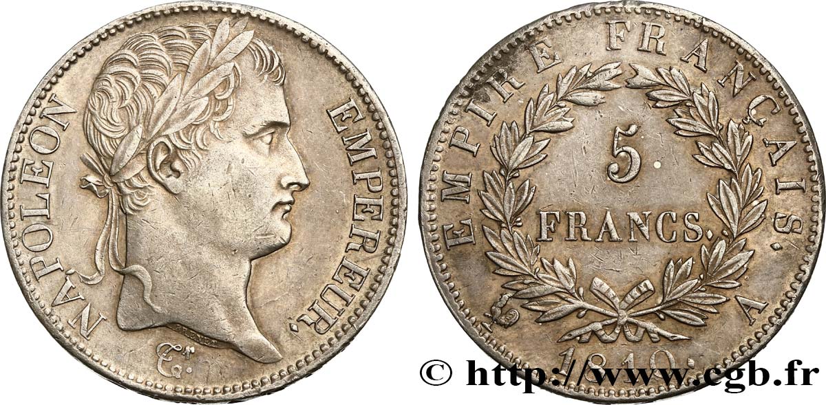 5 francs Napoléon Empereur, Empire français 1810 Paris F.307/14 AU50 