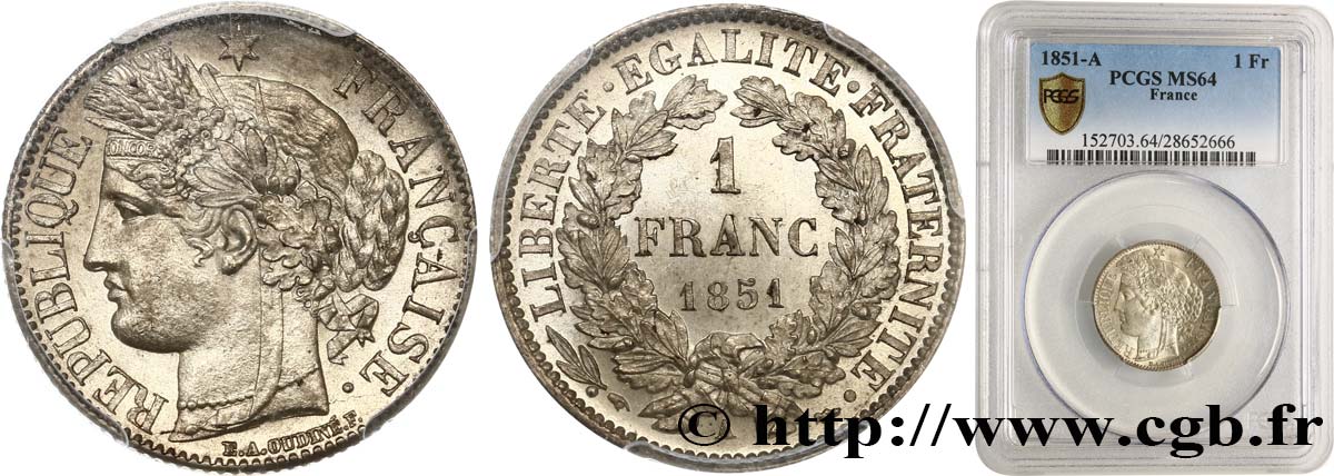 1 franc Cérès, IIe République 1851 Paris F.211/9 MS64 PCGS