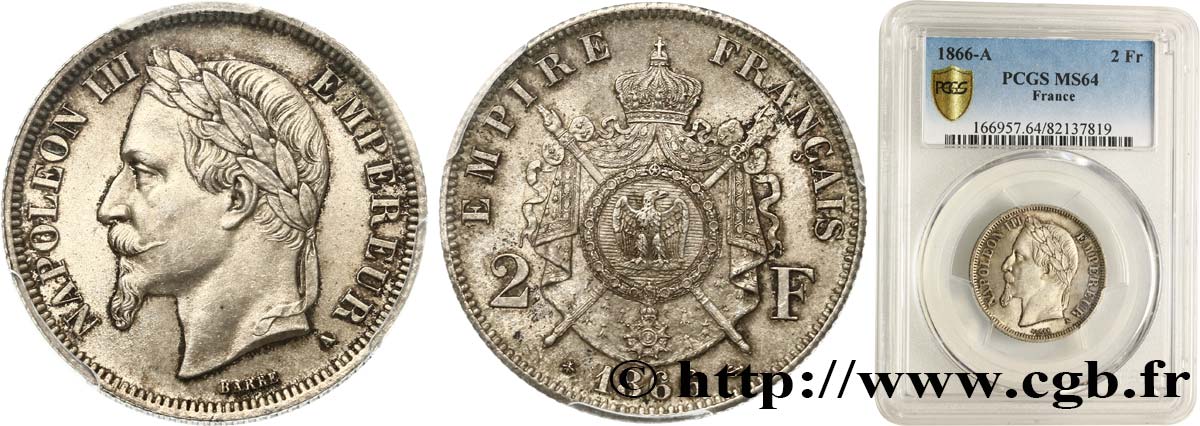2 francs Napoléon III, tête laurée 1866 Paris F.263/2 SC64 PCGS