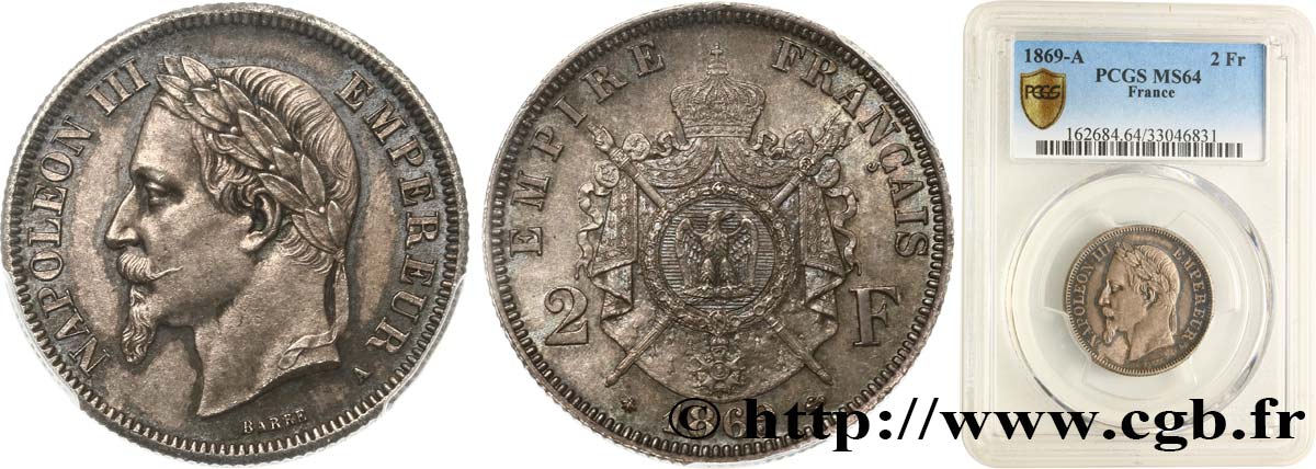 2 francs Napoléon III, tête laurée  1869 Paris F.263/10 fST64 PCGS