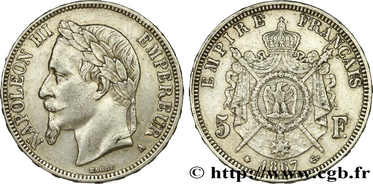 5 francs Napoléon III, tête laurée 1867 Paris F.331/10 TTB 