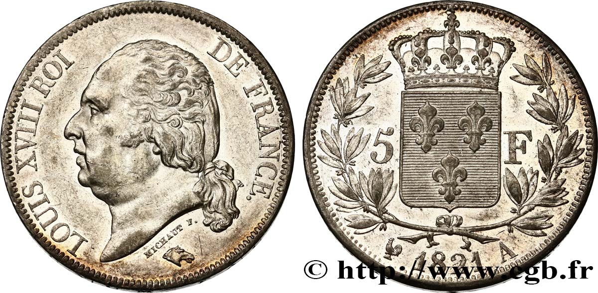 5 francs Louis XVIII, tête nue 1821 Paris F.309/60 AU55 