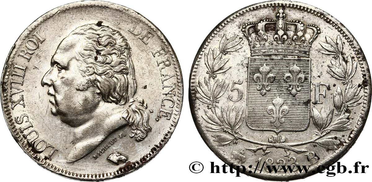 5 francs Louis XVIII, tête nue 1823 Rouen F.309/77 TTB 