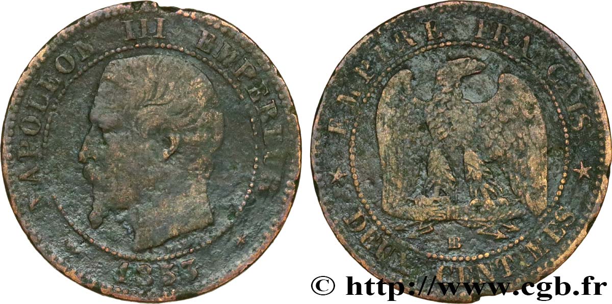 Deux centimes Napoléon III, tête nue 1853 Strasbourg F.107/3 B 