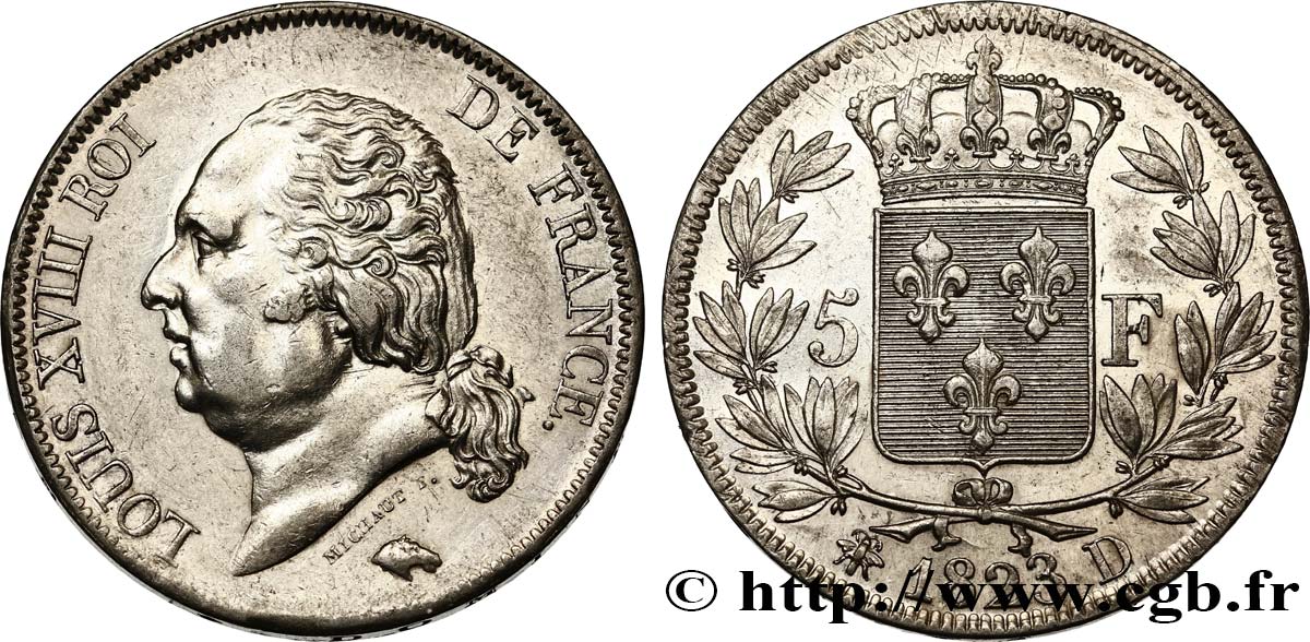 5 francs Louis XVIII, tête nue 1823 Lyon F.309/79 AU52 