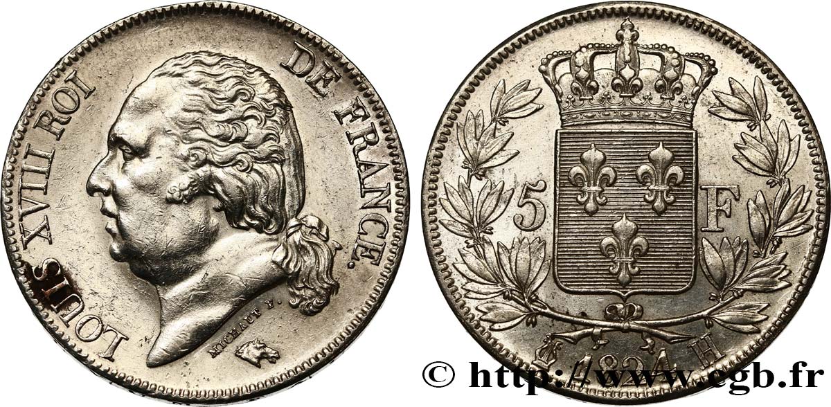 5 francs Louis XVIII, tête nue 1824 La Rochelle F.309/91 SPL 