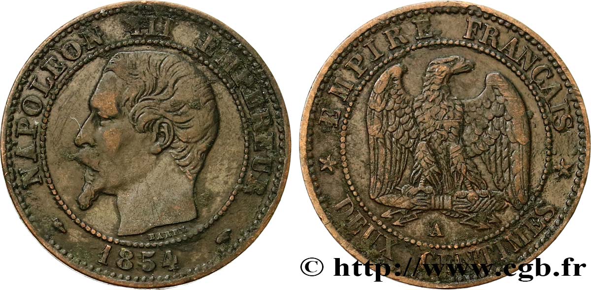 Deux centimes Napoléon III, tête nue 1854 Paris F.107/9 VF35 