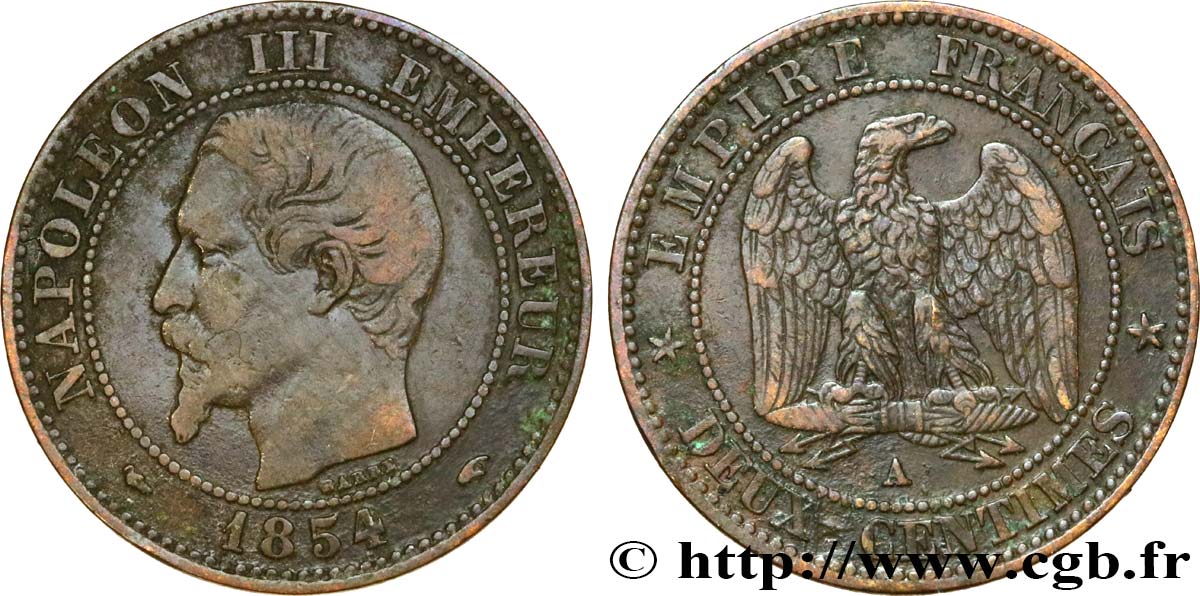Deux centimes Napoléon III, tête nue 1854 Paris F.107/9 BC35 