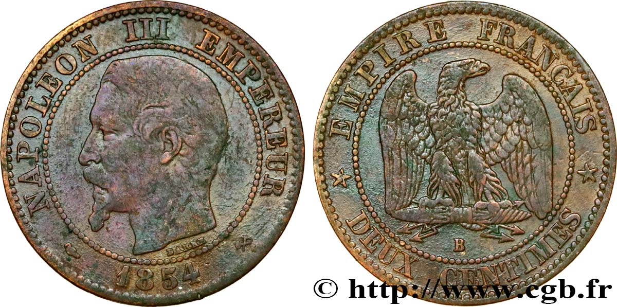 Deux centimes Napoléon III, tête nue 1854 Rouen F.107/10 BB40 