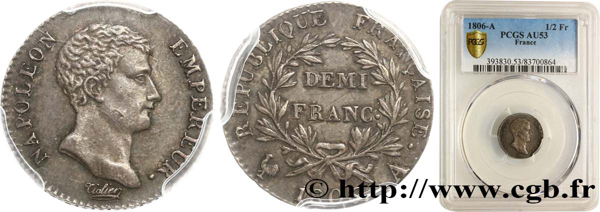 Demi-franc Napoléon Empereur, Calendrier grégorien 1806 Paris F.175/1 AU53 PCGS
