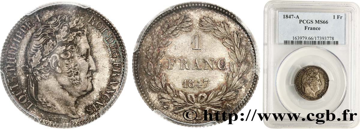 1 franc Louis-Philippe, couronne de chêne 1847 Paris F.210/110 FDC66 PCGS