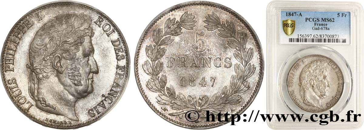 5 francs IIIe type Domard 1847 Paris F.325/14 MS62 PCGS