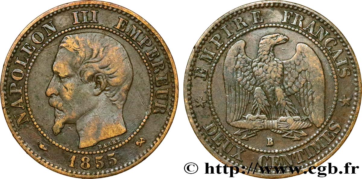 Deux centimes Napoléon III, tête nue 1855 Rouen F.107/21 MBC40 