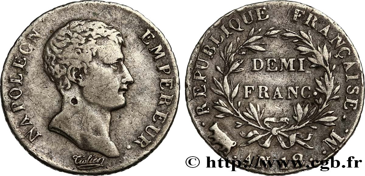 Demi-franc Napoléon Empereur, Calendrier révolutionnaire 1804 Toulouse F.174/8 TB30 