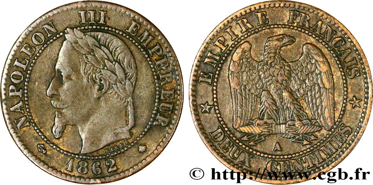 Deux centimes Napoléon III, tête laurée 1862 Paris F.108A/4 XF45 