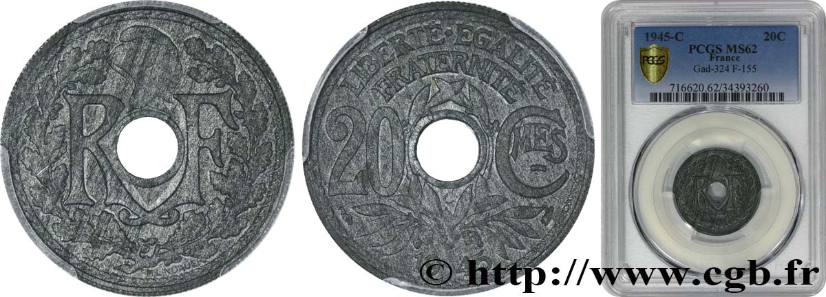 20 centimes Lindauer Zinc 1945 Castelsarrasin F.155/4 MS62 PCGS